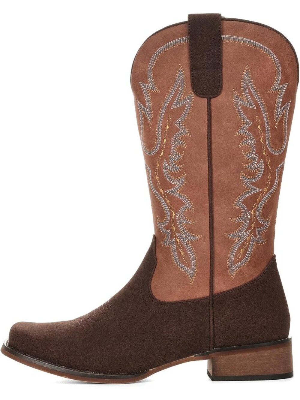 Women's Chocolate Tan Western Square Toe Mid Calf Embroidered Chunky Heel Boots - Picture 5 of 6